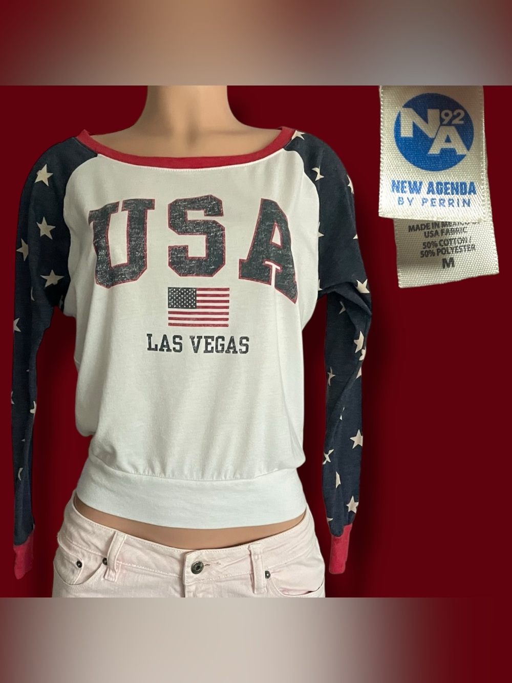 Agenda White & Navy USA Las Vegas Star Raglan Long Sleeve Top